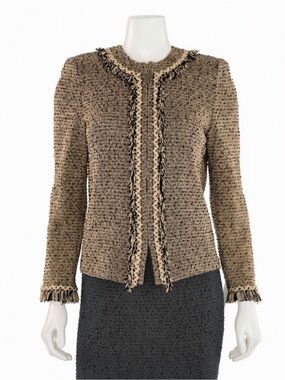 ST. JOHN COLLECTION •  Fringe Knit Tweed Zip Up Jacket Blazer in Wheat/Black